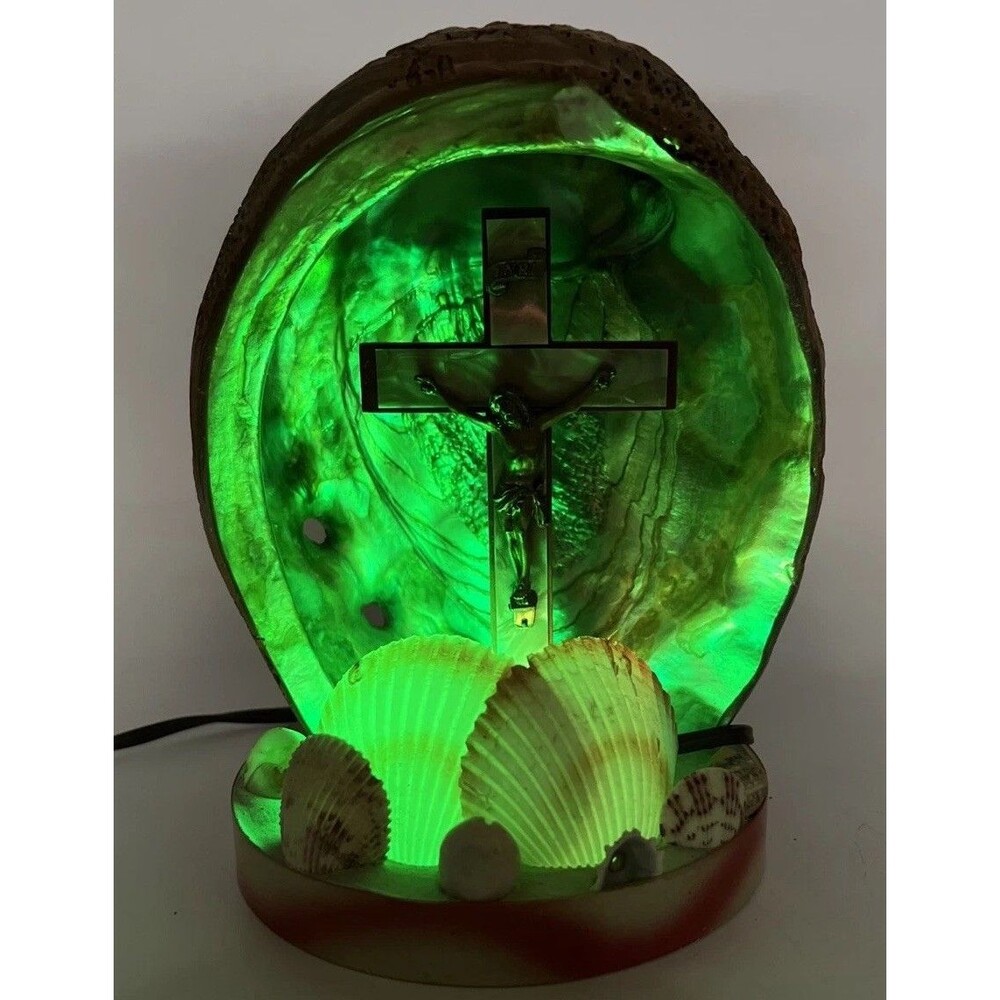 Mid Century Abalone Shell Crucifix Jesus Folk Art Table TV Lamp Night Light EUC